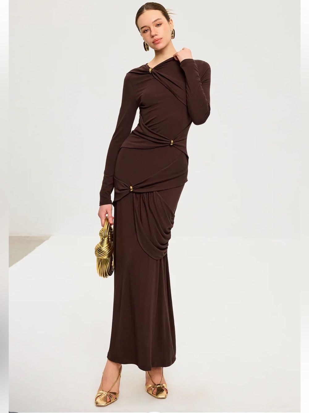 Commense Elegant Brown Draped Long-Sleeve Maxi Dress XL